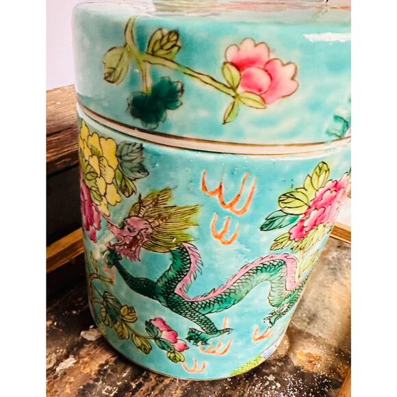 Ceramic Asian Tea Jar with Lid Hand Painted Antique Tea caddy Ginger Jar - Picture 7 of 10